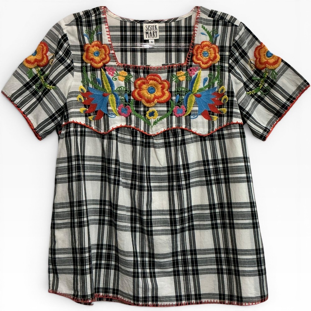 Sister Mary Embroidered Yoke Blouse Plaid Floral Boho Top Square Neck Tunic S